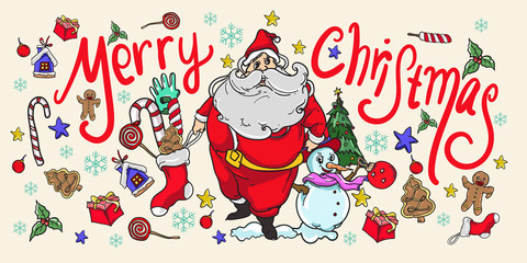 Merry Christmas greeting card with Santa Claus illustration and Christmas ornament decoration