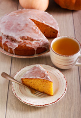Pumpkin cake with sugar glaze, served