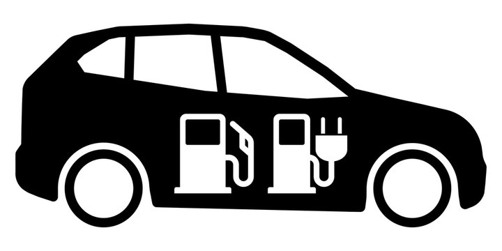 gz575 GrafikZeichnung - german - Benzin - Plug-In-Hybrid: Auto Symbol. - english - gasoline / dispenser nozzle / fuel - electrical charging station / plug-in hybrid car icon. banner 2to1 g8687