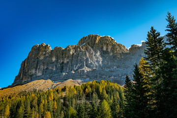 Panoramic view of the Rosengarten massif alpine mountains in the Schlern nature park area
