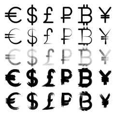 Icons of major currencies. Bitcoin. Euro. Ruble. Dollar. Yen. British pound