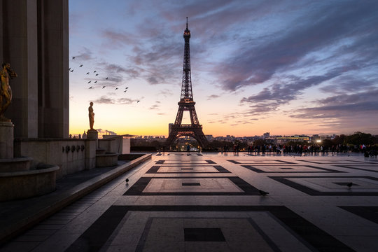 Tour Eiffel vue du Trocadéro au petit matin.