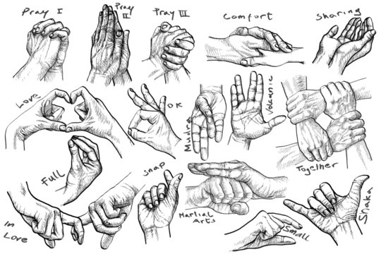 vintage art - advanced Hand gestures, hand-drawn, retro style Hands symbolising: friendship, faith, love,comfort, sharing, o.k., shaka, mantra, together, martial arts and volcanic greeting