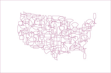 Countries winemakers - stylized maps from silhouettes of wine bottles, glasses and decanters. Map of United States.