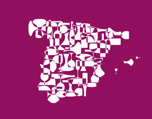 Countries winemakers - stylized maps from silhouettes of wine bottles, glasses and decanters. Map of Spain.