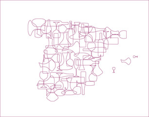 Countries winemakers - stylized maps from silhouettes of wine bottles, glasses and decanters. Map of Spain.