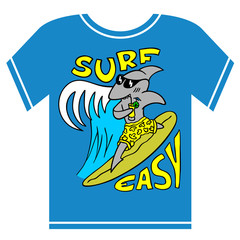 Surfing kids t-shirt illustration. Cool shark boy in glasses and beach shorts with cocktail riding on a board with big ocean wave behind. Tee shirt vector design.