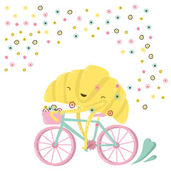 happy yellow croissant riding a bicycle, exudes happiness and joy in the form of bubbles 