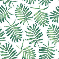 Naklejka premium Seamless pattern with tropical palm leaves. Hand-drawn, highly detailed vector leaves. Trendy summer background for pattern, wallpaper, fabric, wrapping paper, t-shirt or clothes. 