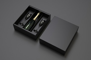 Champagne bottle and flute glass Gift Box for branding and mock up. 3d render illustration.