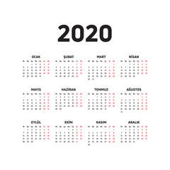 Vector design of 2020 calendar in Turkish language
