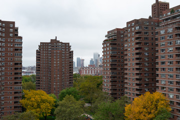 Public Housing Skyscrapers in Manhattan with Colorful Autumn Trees looking towards Downtown Brooklyn in New York City