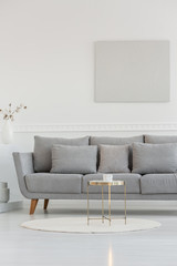 Small elegant coffee table in front of long scandinavian couch in bright daily room interior