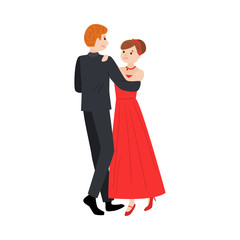 Dancing pair of man in elegant costume and girl in a long red dress. Vector illustration in flat cartoon style.