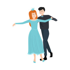 Dancing pair of man in elegant costume and girl with the diadem in a long blue dress. Vector illustration in flat cartoon style.