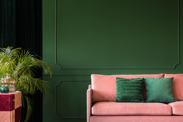 Pink sofa in front of green wall with moldings