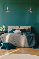 Copy space on empty green wall of elegant bedroom interior
