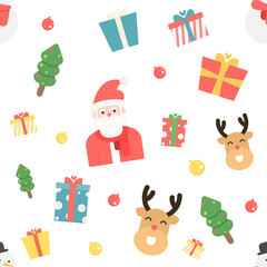 Christmas symbol seamless pattern. Seamless pattern with snowman, gift boxes, reindeer, tree and santa claus. Seamless vector background. Flat style vector illustration.