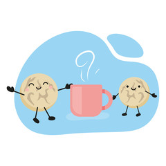 cute gingerbread cookies drink tea, kawaii cookies with a cute mug of hot coffee,