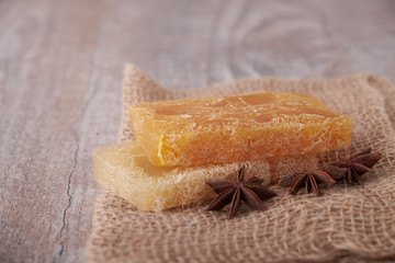 Handmade soap, spa, beauty skincare concept, handmade soap and dried flowers on old table