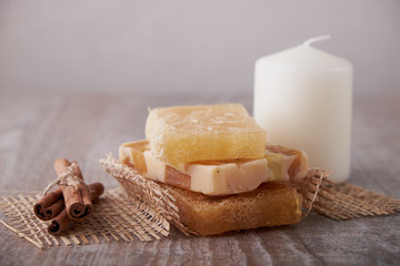 Handmade soap, spa, beauty skincare concept, handmade soap and dried flowers on old table