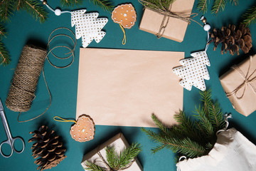 Zero waste, eco friendly Christmas, crafted gifts, natural Christmas decorations, pine branches on...