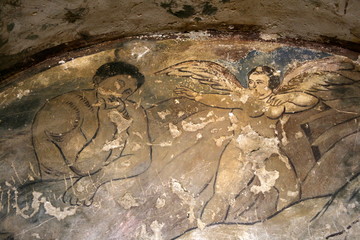 Early Islamic painting on the wall of the desert castle Qasr  Amra, Jordan  