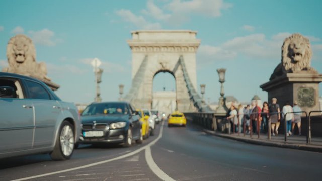 Budapest, Hungary - May 19, 2019: On the bridge traffic surveillance system in highway the cars go speed urban above learning transport machine drive control technology future city automated street