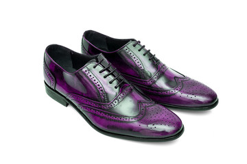 Pair of male purple leather shoes on white background, isolated product, top view.