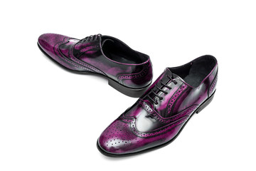 Pair of male purple leather shoes on white background, isolated product, top view.