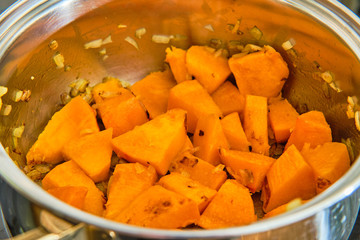 Cooking hokaido pumpkin soup