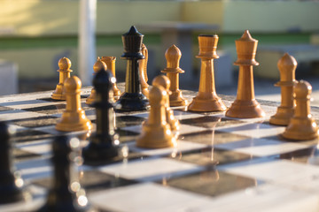 Chess figures on a chess board. Strategic game. Mind game. Victory.