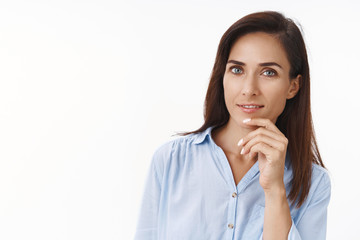 Close-up tender adult 30s woman listen you intrigued, look entertained, attend interesting lecture...