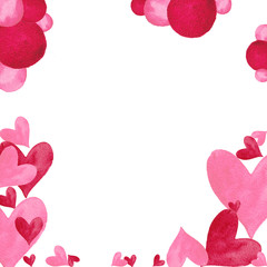 Obraz premium Quadratic frame of decorative hearts and spots in red and pink colours. Love theme. Watercolor hand painted elements isolated on white background. 