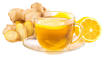 Cup of Ginger tea with lemon, honey and ginger root on white backgroun