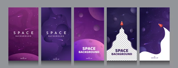 Fototapeten Vector flat illustration with copy space. Cosmos exploration wallpaper. Element for design business cards, invitations, discount voucher, gift cards, flyers and brochures. Violet background collection © VVadi4ka
