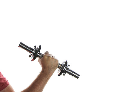 Fitness card concept with men's arm lifting dumbbell in the left corner isolated on white background - Powered by Adobe