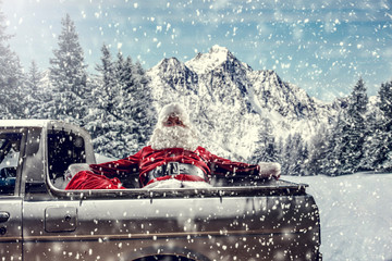 Bearded in red clothes sits on the back of a white truck.Santa distributes gifts for children.Landscape of mountains and winter forest covered with snow and frost.Christmas time.Copy space.Snowflakes 