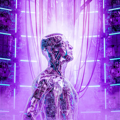 The thinking machine / 3D illustration of futuristic glass science fiction male humanoid cyborg in deep thought inside computer core