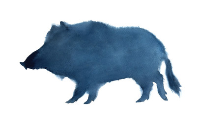 Watercolor illustration of silhouette hog isolated on white background