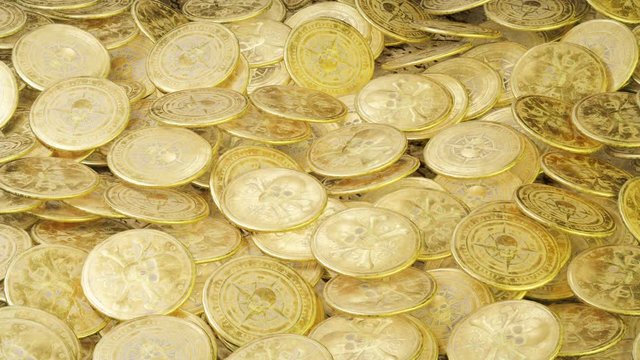 A lot of pirate doubloons in one pile. Pirate wealth and treasure.