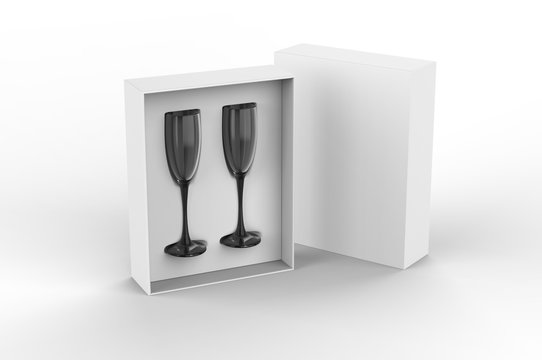 Flute glasses gift hard box for branding. 3d render illustration.