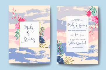 pink and blue wedding invitation with floral watercolor and swatches brush