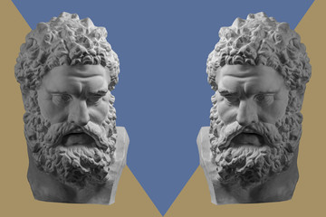 Contemporary art concept collage with antique statue head in a zine culture style. Male beard face.