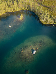 Islet at clear-watered forest lake