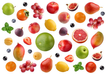 fruits and berries isolated on white background. fruit backdrop.