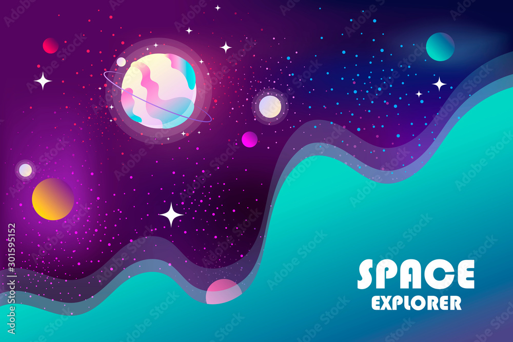 Wall mural horizontal space background with abstract shape and planets. web design. space exploring. vector ill