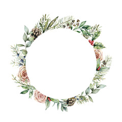 Naklejka premium Watercolor Christmas border with flowers and plant decor. Hand painted fir wreath with roses, cones, branches, berries and seeds isolated on white background. Floral illustration for design or print.