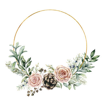 Watercolor Winter Wreath With Roses And Eucalyptus Branch. Hand Painted Pine Cones And Leaves Composition Isolated On White Background. Holiday Floral Illustration For Design, Print Or Background.