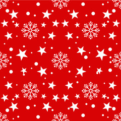 White snowflakes and stars seamless pattern on a red background, Christmas holiday background, vector illustration 